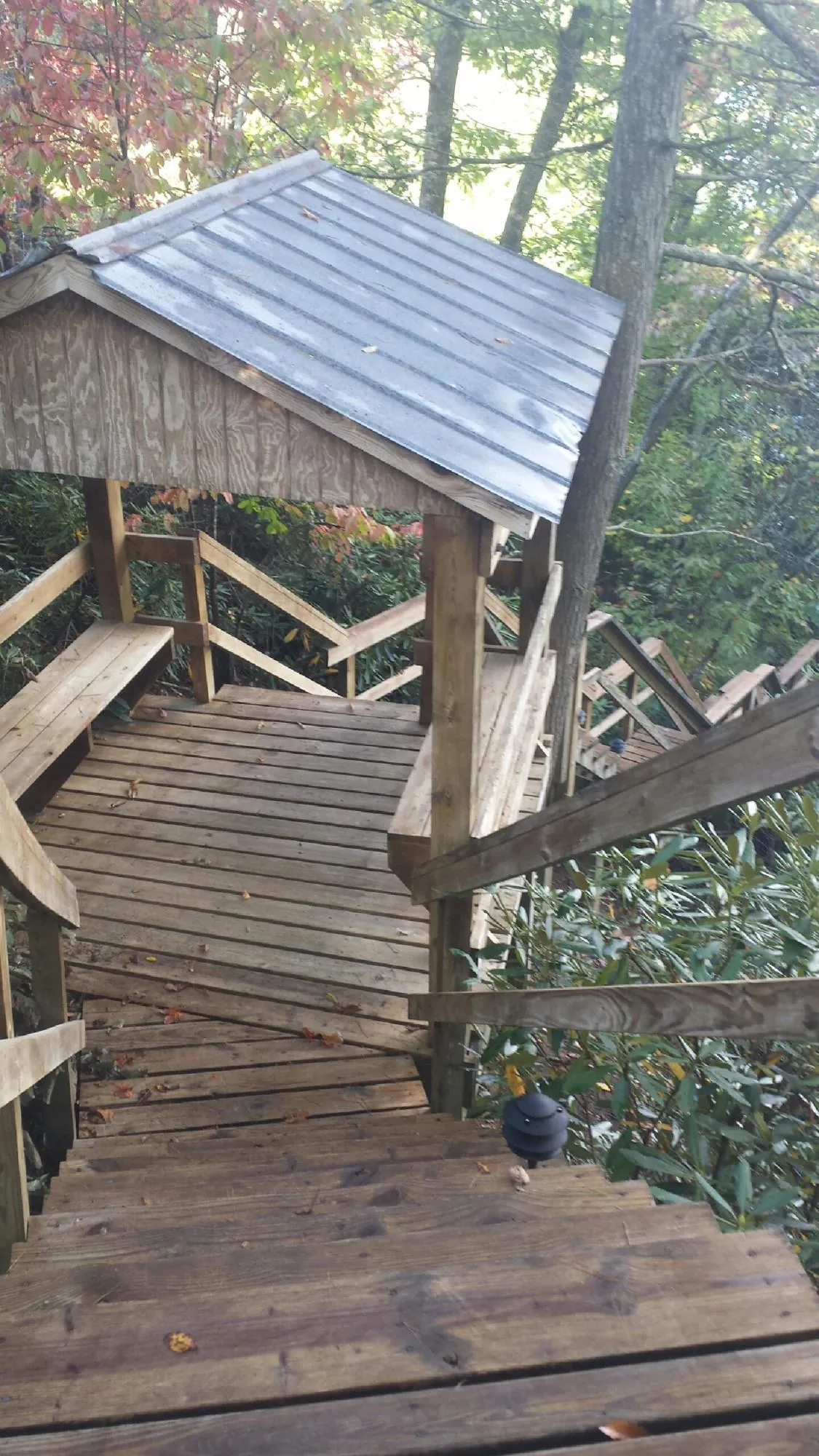 Metal roofed shelter over wooden steps on a wooded walkway — Skylight Repair & Installation work by our crew in East Ellijay